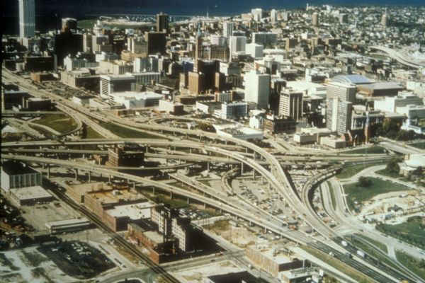 Aerial view of the first Marquette Interchange, photographed some time after its completion in 1968.
