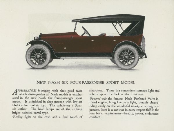 A page from a Nash Motors Company catalog, showing a six-cylinder, four-passenger sport sedan which was available in deep maroon with a khaki-color mohair top and Spanish leather upholstery.