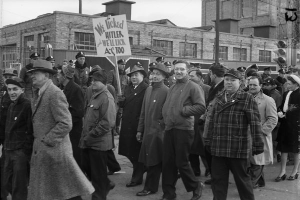 Striking members of the United Automobile Workers union at the Allis Chalmers plant in West Allis.