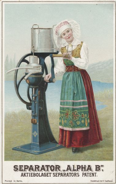 Trade card advertising a cream separator manufactured by the DeLaval Company. Features color illustration of the implement.  The card dates to the company's early history, perhaps to an exhibit at the Chicago World's Fair.