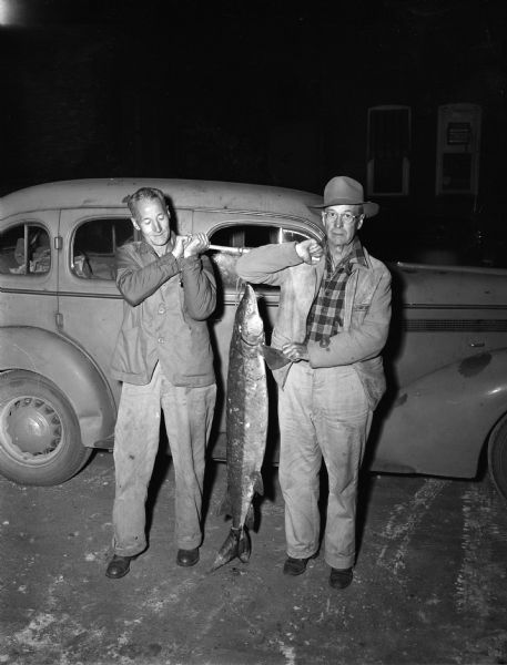 Two fishermen, Frank Gratiot (president of the Yahara Fisherman's Club) and his brother Charles, display a 4.5 foot long, 50-pound Sturgeon they caught near Hooker's Resort on the Wisconsin River.