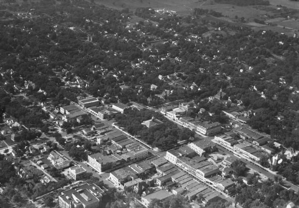 Aerial view of downtown Baraboo, including the town square and the Al. Ringling Theater.