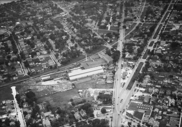 Aerial view of the French Battery Company facility, East Washington Avenue, and Winnebago Street at the Union Corners intersection.