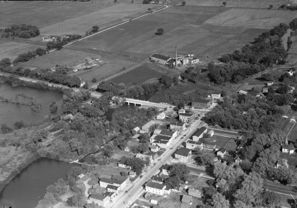 Aerial view of Belleville, including the central business disctrict and the surrounding countryside.