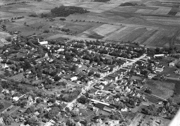 Aerial view of Sun Prairie, including the central business district, residences, and the surrounding countryside.