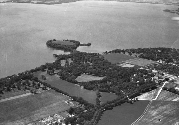 Aerial view of Governor's Island in Lake Mendota as well as the area surrounding the Mendota Mental Health Hospital.