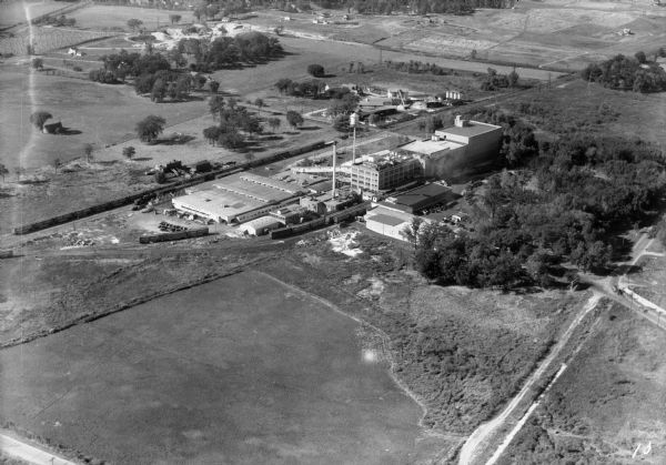 Aerial view of Oscar Mayer Meat Packing Plant and the surrounding countryside.