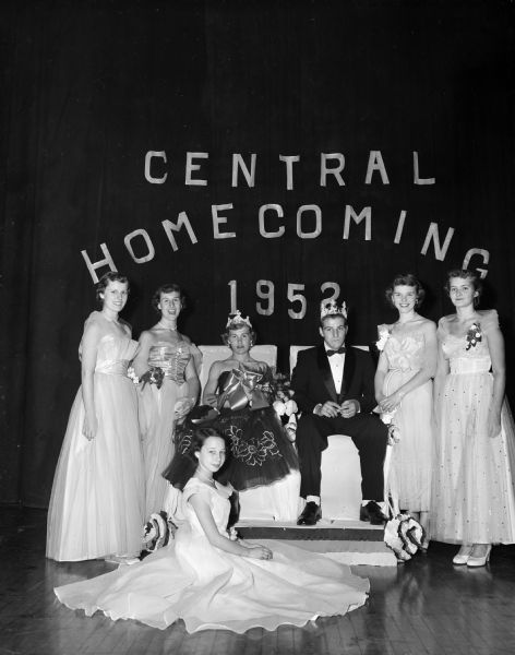Central High School Homecoming King, Miles Kiefer; Queen, Mildred Fish; attendants Bonnie Willmoth, Shirley Jackson, Peggy Swadley, and Beverly Larson; and flower girl, Karen Switsky. This was the final event of a mass pep rally.