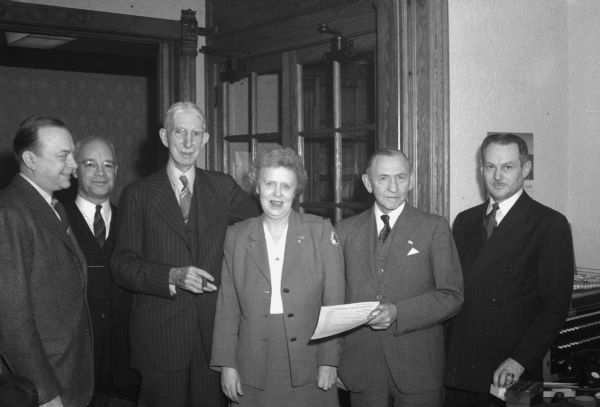 Members of the Executive Committee of the Red Cross War Fund Drive, left to right:  W.H. Frederick, H.H. Kletzein, Louis Hanks, Mrs. Lohra Davies, Louis Hirsig, and Arthur Towell.