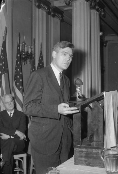 United States Senator Joseph H. Ball (R-Minn.), speaking at a luncheon for Republican Presidential Candidate Harold E. Stassen.
