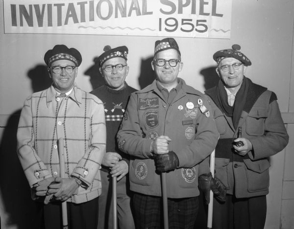 Championship winning Kiwanis curling team at the annual Service Clubs Olympics. Left to right are C.B. Stumpf, R.E. Ohnstad, Laurie E. Carlson, and Leon Iltis.