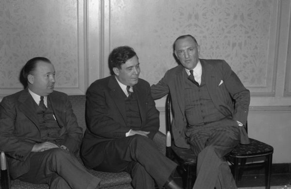 Republican Presidential candidate Wendell Willkie with two of his delegates, Alfred E. La France (R-Racine), and J. Harry Green (R-Janesville), during Willkie's 1944 campaign.