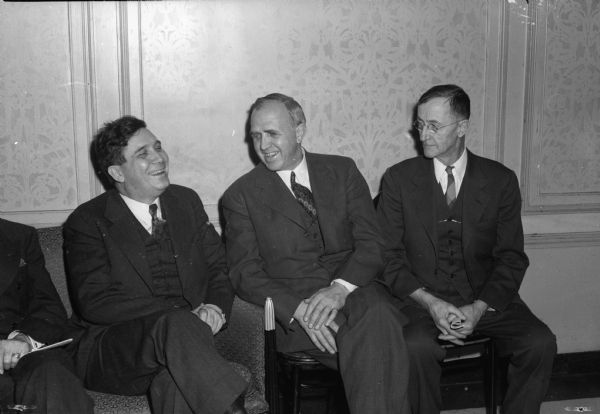 Republican Presidential candidate Wendell Willkie with William J.P. Aberg (R-Madison), and William F. Renk (R-Sun Prairie), during Willkie's 1944 campaign.