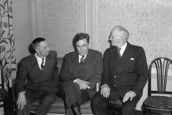 Republican Presidential candidate Wendell Willkie with Alfred R. Ludvigsen (R-Hartland), and Robert Caldwell (R-Madison), during Willkie's 1944 campaign.