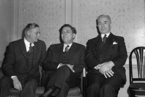 Republican Presidential candidate Wendell Willkie with Harold C. Schultz (R-Wauwatosa), and Peter F. Piasecki (R-Milwaukee), during Willkie's 1944 campaign.