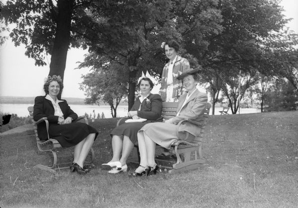 Shorewood Hills League officers on the lawn of the Blackhawk Country Club: Mrs. L.R. Cole (Margaret Cole), Mrs. R.W. Sy (Nettie D. Sy), Mrs. M.R. Irwin (Margaret Irwin), Mrs. Grant Haas (Esther Haas).