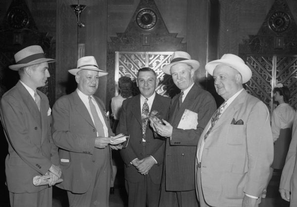 Five Wisconsin delegates to the Republican Party National Convention held in Chicago, Illinois. Photographed at the Hotel Bismark left to right: Assemblyman Richard Rice, Milwaukee; Arthur Prehn, Wausau; Assemblyman Julius Spearbraker, Clintonville; Secretary of State Fred R. Zimmerman, Milwaukee, and State Senator Edward F. Hilker, Racine.