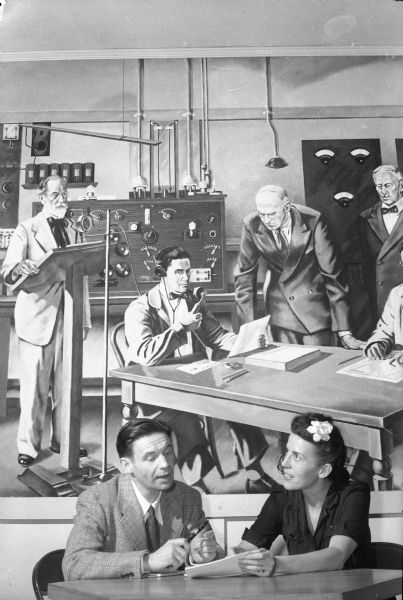 Edwin Helman gets advice from Mrs. Romance Koopman about a script. On the wall behind them is a mural depicting three men important in the founding of station WHA. From left: Professor W.H. Lightly, who was the first to encourage the use of radio at the University of Wisconsin, Malcom Hanson who was the first radio engineer at the university, and Andrew W. Hopkins, professor of agricultural journalism at the university.