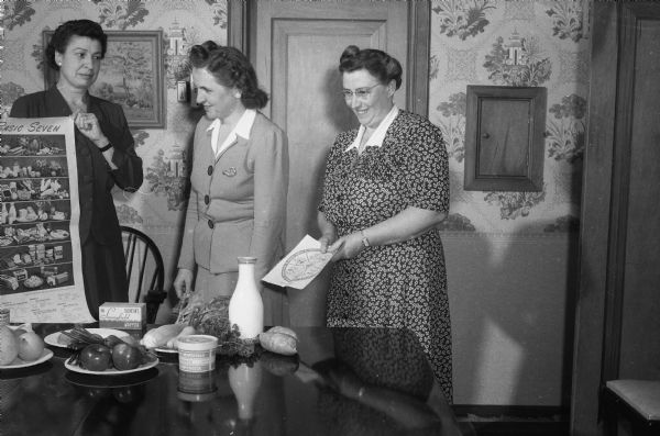 Three women at a meeting of the Madison Home Economics Club with the theme "Good Nutrition, A Wartime Challenge." Mrs. Irving (Clara) Johnson, president of the club, is holding a chart describing the Basic Seven food groups, Mrs. Richard B. (Louise) Gordon and Mrs. C. Howard King. Also shown is a table display of the basic foods.