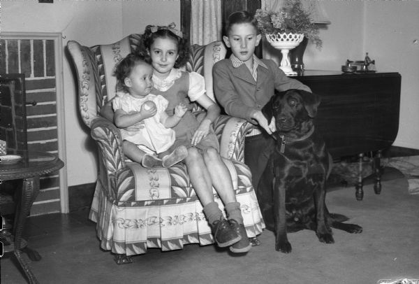 Group portrait of the three children of Mr. and Mrs. John S. Hobbins, 3805 Council Crest: Anne Dee, 13 months; Margaret, 8; and John, 10; shown with "Joe" their huge Labador.