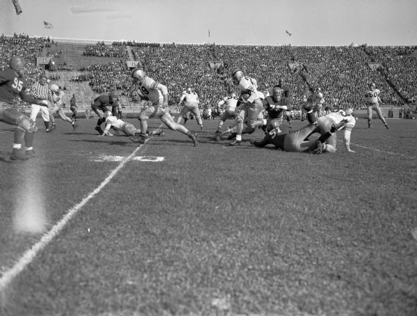 Wisconsin - Purdue Football Game at Camp Randall stadium, showing Wisconsin players Jack Mead, number 51, and Clarence Easer, number 76, team up to stop Purdue player Ed Cody.  Also shown is Purdue's Joseph Kodba, number 36. Wisconsin lost 13 to 7.