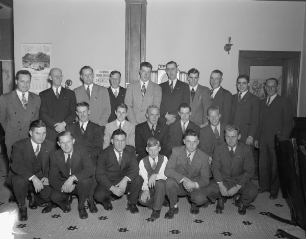 Group portrait of the Stoughton championship baseball team at their banquet at the Hotel Kegonsa.