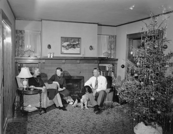 Tompson family in living room with decorated Christmas tree. Seated are two women, a man and a dog.