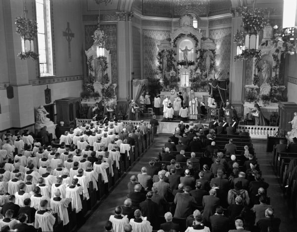 Elevated view of the altar and congregation in St. Raphael's Cathedral during the inauguration of Most Rev. William P. O'Connor as the first bishop of Madison.