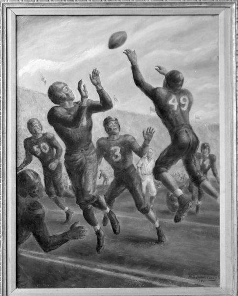 "An All-American" painting by John Steuart Curry of David N. Schreiner, an All-American end in 1942, who was killed in action on Okinawa in 1945 while serving as a lieutenant with the 6th Marines.  He is shown catching a forward pass near the goal line during a football game at Camp Randall. It was originally painted for Abbott Laboratories for use in a magazine they published.  Mr. Curry suggested that they present the painting to the University of Wisconsin-Madison athletic department. Schreiner's No. 80 was retired in 1945 and again in 2006 where it adorns the Camp Randall facade with 5 other football heroes.
