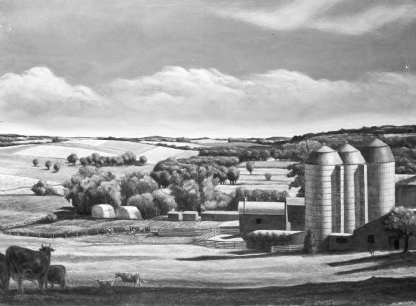 Oil painting of a rural scene showing silos, farm buildings, cows and fields. Taken for Brock Engraving company.