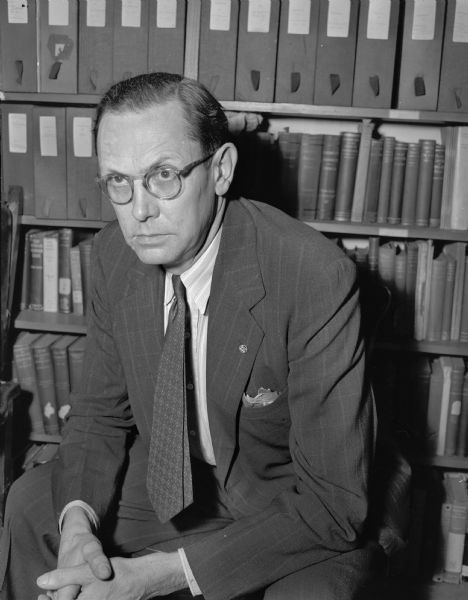 Professor Howard Becker, Sociology Department at the University of Wisconsin. While on leave from his teaching job, he went to Washington, D.C. to work with the Office of Strategic Services (OSS) to work in disguise with German spies toward the end of World War II. He was writing a book on German youth. (The photograph shows him without a disguise.)