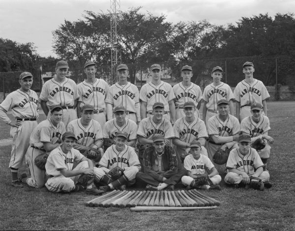 Gardener Bakery industrial league championship baseball team, winners of first and second half titles, in uniforms. Pictured with team are Dave Schmitz, coach and business manager, and Lew Cornelius, manager.