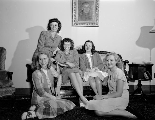 College bound coeds, left to right: Christine Brinsmade, daughter of Helen Brinsmade; Mildred Stebbins, niece of Mr. and Mrs. Frank Born; Bela Hanson, daughter of Maurice and Florence Hanson, Joan Chapman, daughter of C.J. and Edna Chapman; Louanne Dreher, John S. and Agnes Dreher, all will be entering Stephens College, Columbia, Missouri.