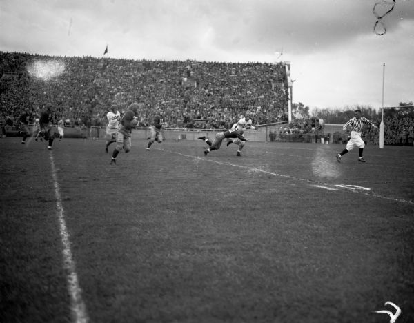 Wisconsin fullback Earl Maves (35) dashed 36 yards for a touchdown to start the Badger scoring in the third quarter with Wisconsin halfback Don Kindt (11) running beside him.