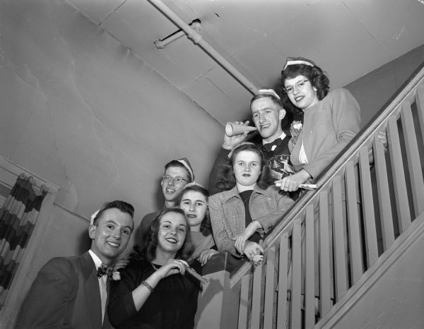 LOFT's New Year's Eve party. Left to right: Dick Price, Martha Truog, Walter Schar, Miriam Fansler, Jean Joyce, Don Grubb, and Jan Kleinheinz.