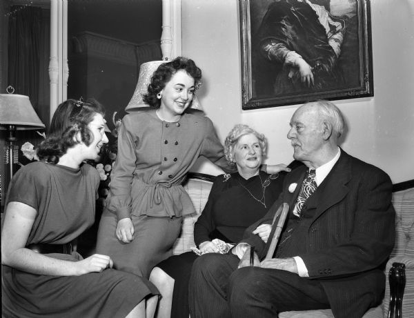 Shown at the governor's inaugural reception at the Executive Residence are, from the right: Governor Walter S. Goodland, Mrs. Walter S. Goodland, Mary Jane Roethke, Racine, granddaughter, and Mary Jo Rohan, Milwaukee, niece.