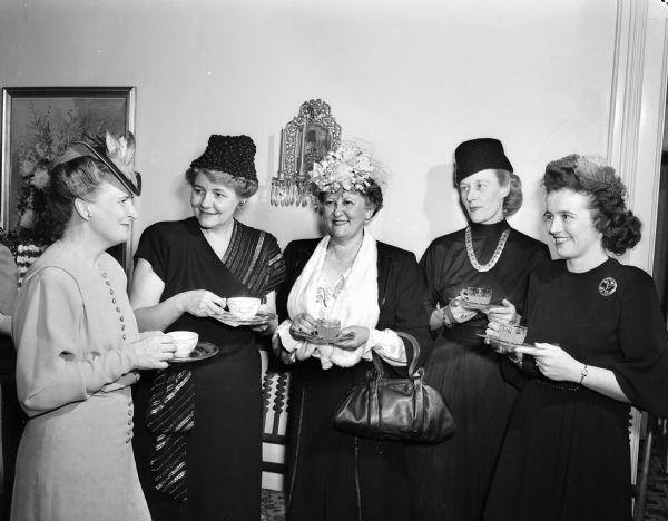 Pictured in the executive residence at the inaugural reception for Governor Walter S. Goodland's third term are, from the left: Mrs. J. George (Hildegarde) Crownhart; Mrs. John E. (Glenn) Wise; Mrs. John E. (Mary K.) Martin, wife of the attorney general; Mrs. Timothy (Louise) Brown; and Mrs. John L. (Barbara) Bruemmer.