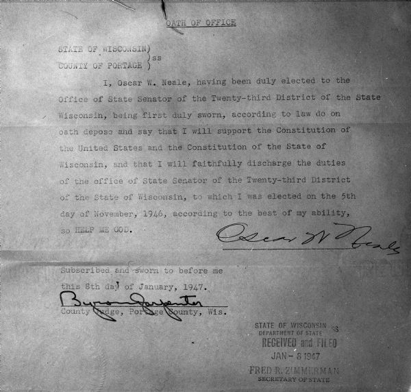 Wisconsin Senate oath of office document with a signature of Senator Oscar W. Neale.