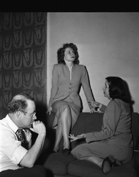 Wisconsin Players rehearsing for "My Sister Eileen".  The director was John Dietrich (left), with Lois Gilling (center), and Lorelei Bird (right).