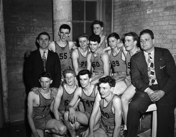 Group portrait of the Hurley High School basketball team that lost to Beloit in the WIAA State High School Basketball championship game.