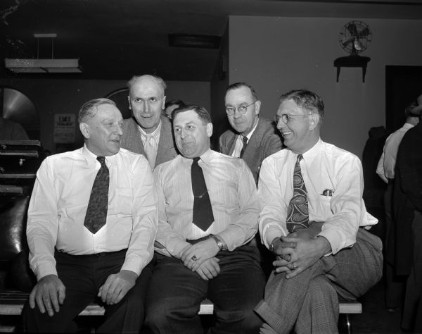 Madison and Wisconsin Elks officials at the Elks National Bowling Tournament. Left to right: John Fay, La Crosse, state president; Matt Zwank, tournament manager; A.L. Hubbard, Beaver Dam, state deputy; Elmer Reese, secretary of the Madison Elks Lodge #410 and Bert Thompson, Green Bay, chairman of the grand lodge activities committee.
