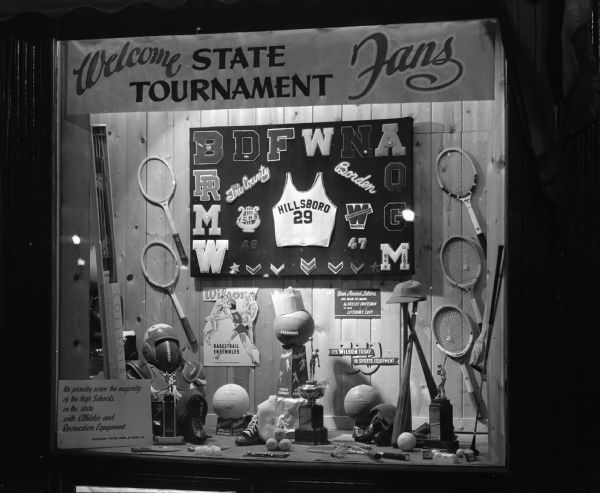 Wisconsin Felton Sporting Goods window display for 1947 State Basketball Tournament. "Welcome State Tournament Fans."