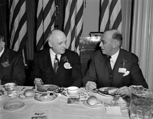 Pictured left to right at the Wisconsin Legislative banquet: University of Wisconsin President, Edwin B. Fred, and Donald C. McDowell, Republican from Crawford County, and Speaker of the Assembly. The banquet was sponsored by the Madison and Wisconsin Foundation.