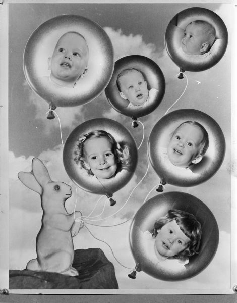 An Easter bunny with balloons containing images of children's faces. In the top row, left to right, are: John Denslow Chapin, 13 months, son of William and Cora Chapin, 1642 Monroe Street; Constance Totto, 8 months, daughter of Charles and Kath. Totto, 3518 Lake Mendota Drive; and Carla Christine Schilling, 4 months, daughter of Dr. Robert F. and Marion Schilling, 1728 Van Hise Avenue. In the middle row, left to right, are: Sally Kinnamon, 2, daughter of Willis B. and Marion Kinnamon, 919 Columbia Road; and Jane Borchers, 11 months, daughter of Bartel B. and Eileen Borchers, 3150 East Washington Avenue. At the bottom is Katie Ferneding, 2, daughter of John and Frances Ferneding, 930 East Gorham Street.