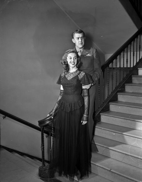 Portrait of Patricia Vollrath and Henry "Hank" Wolf, both of Sheboygan, who reigned as king and queen of the University of Wisconsin Military Ball. Miss Vollrath is a member of Kappa Kappa Gamma sorority, while Mr. Wolff, who served two years overseas as a sergeant in World War II, is a member of Delta Kappa Epsilon fraternity.