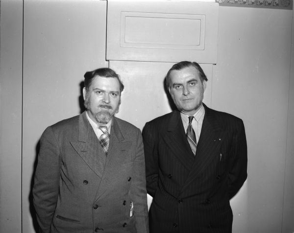 Praire du Chien residents, J. Alvin Dru'yor, secretary of the Villa Louis committee, and Harry Speck, past president, are members of the whisker club and are celebrating the opening of Villa Louis May 23, 24, 25, 1947.  They are shown at a legislative hearing in Madison.