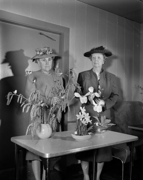 Mrs. A.L. (Louise) Thurston,left, and Mrs. R.V. (Bessie) Fox, who judged some of the flower arrangements at the West Side Garden Club flower show.