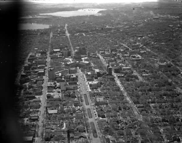 Aerial photograph of the Capitol Square area of Madison, looking to the southwest.