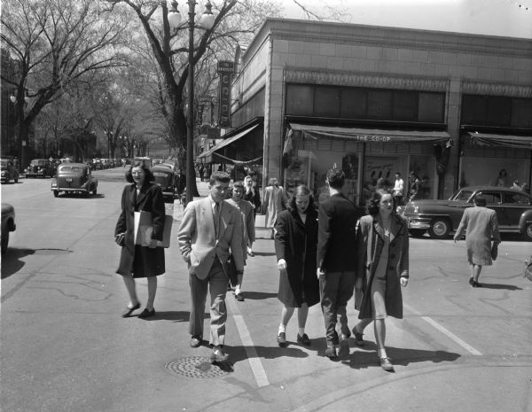 University of Wisconsin-Madison students along State Street near The University Coop bookstore at Lake Street.