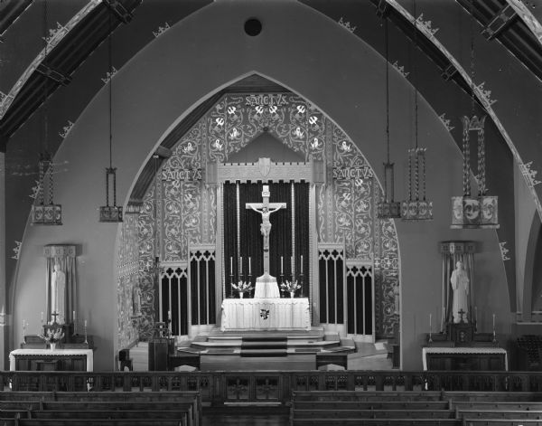Interior view of altar at Blessed Sacrament Church, 2119 Rowley Avenue, which has been redecorated in honor of its silver jubilee.